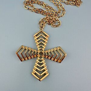 Vintage Trifari Cross Pendant Necklace Gold Tone Openwork Maltese Statement